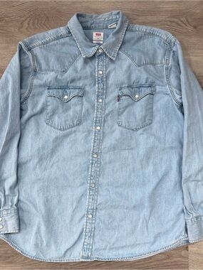 Levi's Barstow Western Men's XL Denim Blue Pearl Snap Shirt Standard Long Sleeve